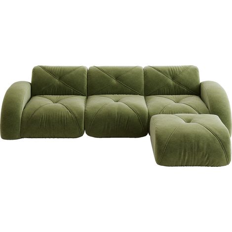 Divano modulare angolare a 3 posti in ciniglia verde con pouf, senza montaggio, 281 x 171 x 76 cm (1/5)