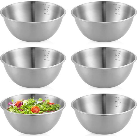 Lot De 6 Cul De Poule Inox, 700 Ml Bols En Acier Inoxydable, Ø 17 Cm Saladiers En Acier Inoxydable, Bols Ronds En Acier Inox Avec Marques De Mesure, Saladier Inox Pour Salade, Collations (1/5)
