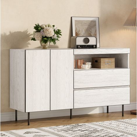 Aparador 140x42x77 cm blanco en tablero de partículas con 2 puertas, 2 cajones y estantes abiertos (1/5)