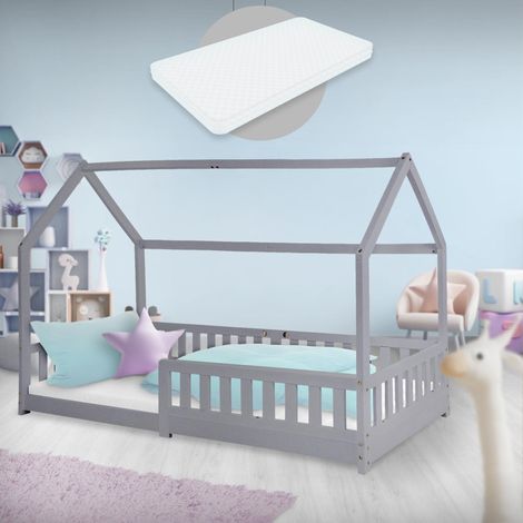 ML-Design Cama Infantil Casa Gris Claro 90x200 cm de Madera de Pino con Colchón de Espuma Fría 10cm, Protección Anticaída y Techo, Somier de Listones, Cuna de Suelo, Lecho Casita de Juego para Niño (1/5)