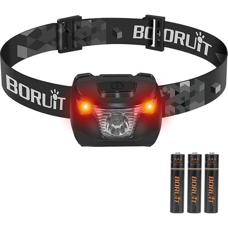 BORUIT BR01 Lampada frontale a LED ultra potente, luce rossa, con batteria AAA e 4 modalità, impermeabile IP66, ideale per corsa, escursionismo, campeggio, ecc. (1/5)