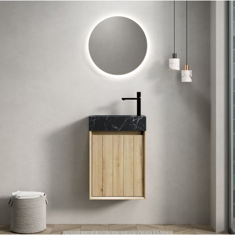 Mobile lavabo sospeso in marmo nero e compensato rovere bianco 40 cm con 1 anta (1/5)