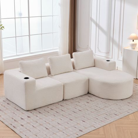 Sofá 2 plazas con chaise longue, 3 cojines y 2 portavasos, beige HAVRYA (1/5)