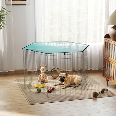Hundeauslaufgehege, 6-teiliges Hundegehege mit Dach, modular und faltbar, tragbares Gehege 76 cm hoch mit silbergrüner Tür