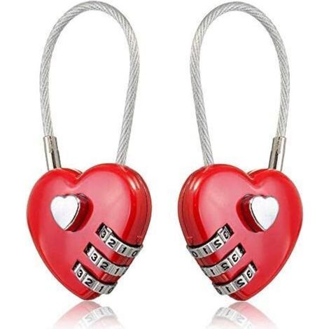 2 pièces câble métallique en forme de coeur amour serrure 3 cadenas à combinaison numérique mot de passe réinitialisable pour sacs de voyage (1/4)