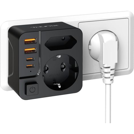 Multiprise Murale USB C, 6 en 1 Prise USB Murale 2 Prises avec 2 Ports Typ C, 2 Ports USB A, Compact Multiprise Murale 250V 16A avec Interrupteur pour Les Voyages-Noir (1/5)