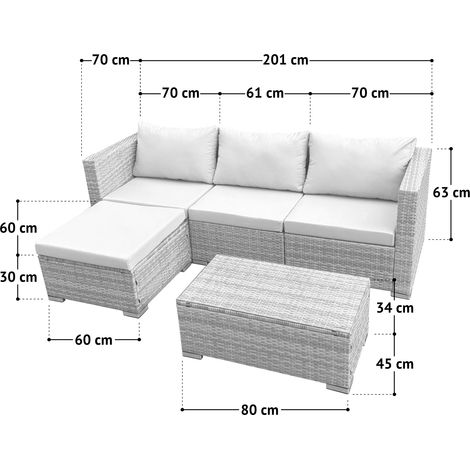 Svita – Ensemble de salon de jardin 5 pièces en polyrotin gris – 2 éléments d'angle et 1 central – Table basse avec plateau en verre – Coussins confortables 8 cm