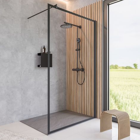 Schulte – Paroi de douche fixe à l'italienne 100 x 200 cm – Verre 6 mm anticalcaire – Profilé noir mat avec sérigraphie – Installation facile sans silicone