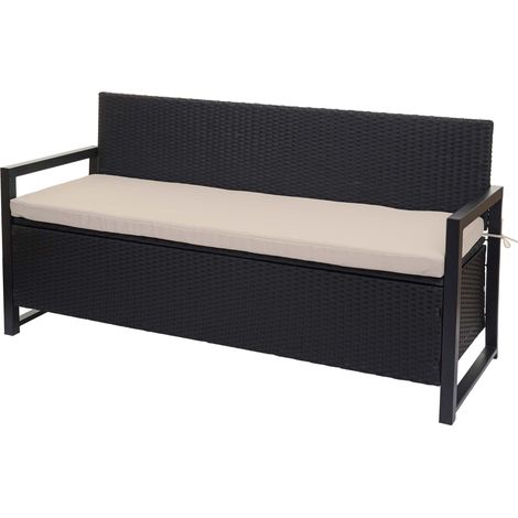 Banco de polirratán de 3 plazas HHG-596, banco de jardín banco arcón, compartimento de almacenaje cojines de asiento, antracita, cojines beige