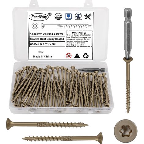 60 Pièces Vis à Bois Torx pour Panneaux D'aggloméré 4,5x63mm Vis à Tête Fraisée,Vis Autotaraudeuses Torx Universelles Pour Construction de Toiture,Terrasse Avec 1 T25 Bits.Jaune époxy. (1/5)
