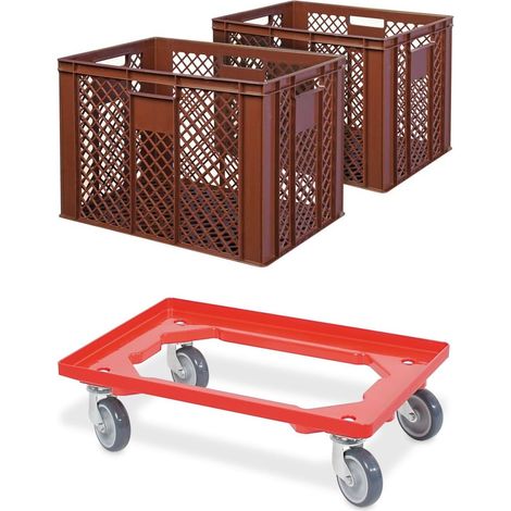 BRB Lot de 2 bacs euro/caisses de boulangerie, L x l x H 600 x 400 x 410 mm avec chariot de transport (marron)