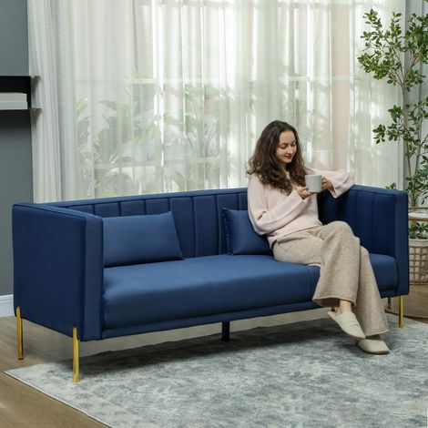 Sofá de 3 Plazas con Tapizado Aterciopelado Estructura Reforzada y Patas Doradas para Salón 194,5x76x76 cm Azul Marino (1/5)