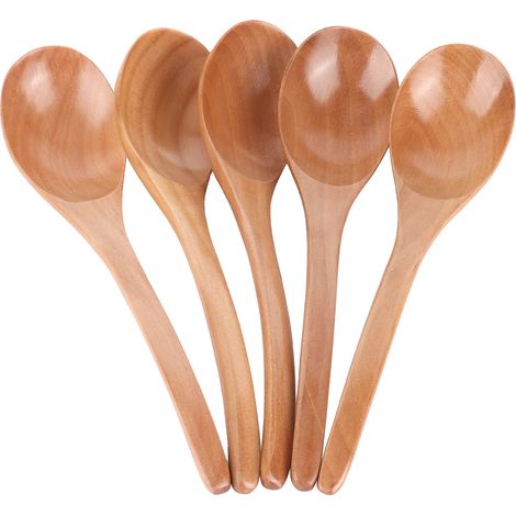 Lot de 5 cuillères à soupe en bois avec manche incurvé, cuillère à riz multifonctionnelle pour la cuisine (couleur bois) (1/5)