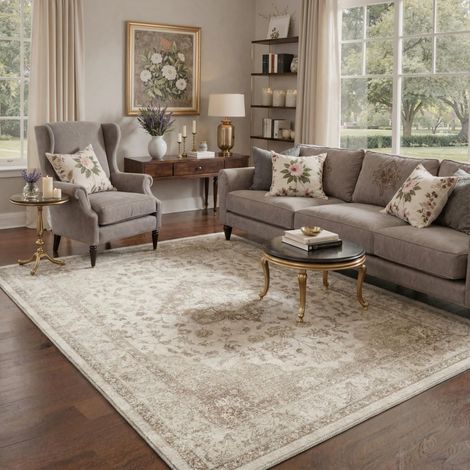 Tapis Salon Vintage 160x230cm Lavable en Machine Rug Grand AntidéRapant Poil Ras, pour Chambre Salle a Manger Descente de Lit Bureau, Cuisine, Beige (1/5)