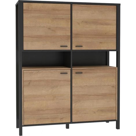 Vaisselier 121 cm 4 portes 2 niches décor chêne noir – Structure panneaux 15 mm – Poignées métal noir – Fabrication européenne – Meubletmoi