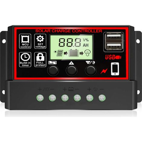 Contrôleur de charge Solaire 30A PWM 12V/24V avec LCD réglable, Minuterie Paramètre Automatique Regulateur Solaire FULL Protect pour Camping/Car, 2xUSB, pour les batteries au plomb (ouvertes/AGM/gel) (1/5)
