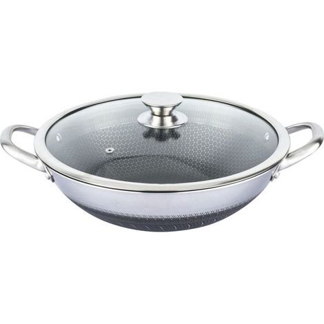 Wok 40cm - CHEFFINGER - Nid d'Abeille - Inox 18/10 - Couvercle en Verre Trempé - Anti-rayures (1/5)