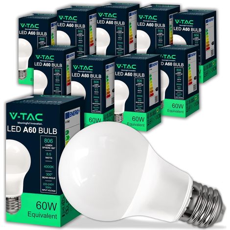 10x Ampoules LED culot E27 8,5W (équivalent 60W) A60-806 Lumen - Ouverture du Faisceau Lumineux 200° - Efficacité Maximale et Économie d'Énergie - 4000K Blanc Neutre (1/5)