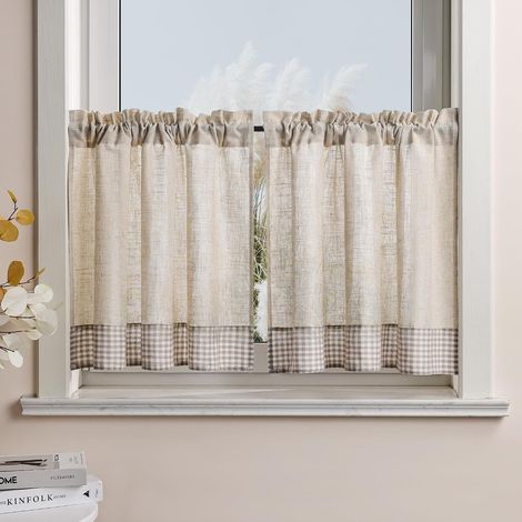 Rideau de Cuisine Court, Rideaux Brise Bise Petit Rideau Effet Lin Semi-Transparent, Petite Fenetre, Bas à Carreaux, Passe-Tringle, Beige, L x H 90 x 90 cm, Lot de 2 (1/5)