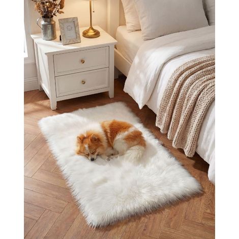 Tapis Shaggy en Fausse Peau de Mouton Ultra Doux et Moelleux pour Salon, Chambre à Coucher, Chambre d'enfant, Salle à Manger, Blanc, 60 x 90 cm (1/5)