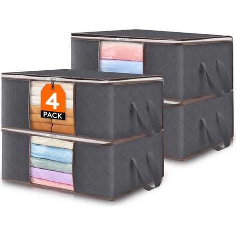 Juego de 4 bolsas de almacenamiento de ropa de 35 litros, plegables, para debajo de la cama, con ventana, color gris (1/5)