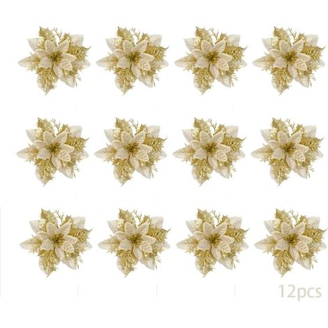 12 Pieces Simulation Christmas Flower, Poinsettia Christmas Flower, Christmas Flower, Christmas Tree Decoration, Artificial Christmas Flowers (Gold)