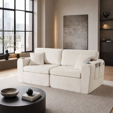 Sofá relax de 2 plazas en chenilla, con bolsillo lateral, portavasos, cojines, beige HAVRYA (1/5)