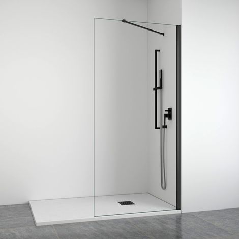 BELLOBATH – Duschwand mit feststehender Frontscheibe – Transparent – Mattschwarze Profile – Gelenkarm – Anpassbare Breite 108–110 cm – Höhe 195 cm