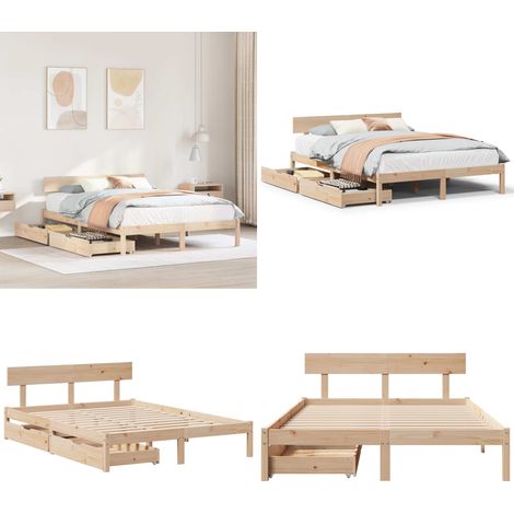 Letto senza Materasso 140x190 cm in Legno Massello di Pino - Letto in legno massello - Letto con cassetti