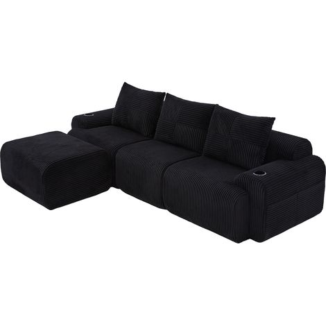 Divano modulare a 3 posti in tessuto a coste nero con pouf, portabicchieri e tasca laterale MODENUIT (1/5)