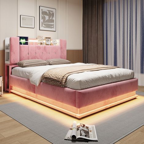 MODFU – Lit coffre 140x200 cm – Velours – LED, USB – Rangement hydraulique – Tête de lit – 24 lattes – Rose (1/5)