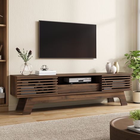 Mobile basso per TV, mobile TV, mobile TV, tavolo TV, MDF, ante a doghe, cassetto, gestione cavi, soggiorno (1/5)