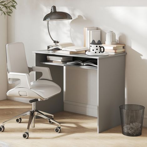 Scrivania per computer compatta e minimalista con 1 ripiano, in truciolato, dimensioni 90L x 50P x 74A cm, grigia.