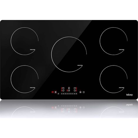 IsEasy 90cm Induktionskochfeld, Elektrokochfeld mit 5 Kochzonen 8600W, L90 x P52 cm, 1-99Min Timer, Touch-Steuerung, 9 Heizstufen, Booster-Funktion, 220-240V