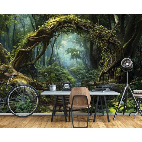 Fototapete Straße Wald Natur Bäume, für Wohnzimmer und Schlafzimmer, 300 x 210 cm – Komplettset inkl. Kleister & Anleitung (1/5)