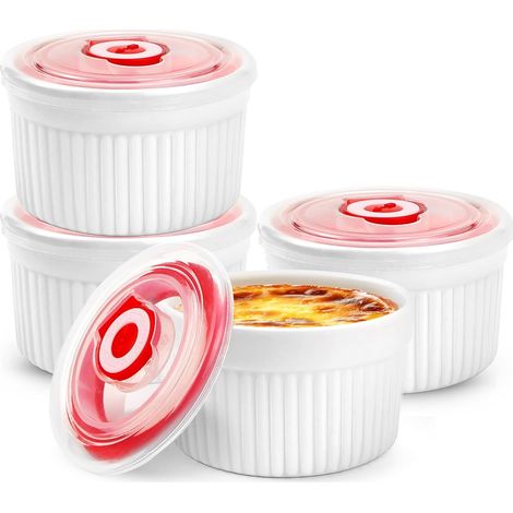 Lot de 4 bols à crème brûlée en céramique - Diamètre : 9 cm - 220 ml - Avec couvercle - Passe au four - Moule à pudding - Mini plat à gratin - Blanc - Pour la cuisson de la cuisine (1/5)
