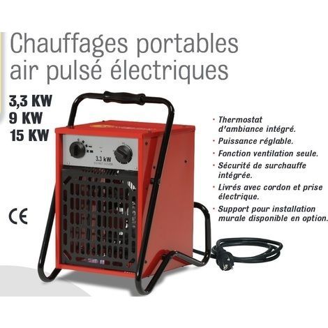 Sovelor – Chauffage électrique portable 9kW – Air pulsé 7740Kcal/H – Débit 800m3/H – Thermostat intégré – Sécurité surchauffe