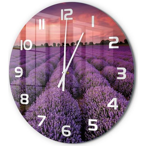 Horloge Murale Ronde Déco Cuisine Verre Trempé Silencieuse Design Moderne Champ de lavande fi 60 cm (1/5)