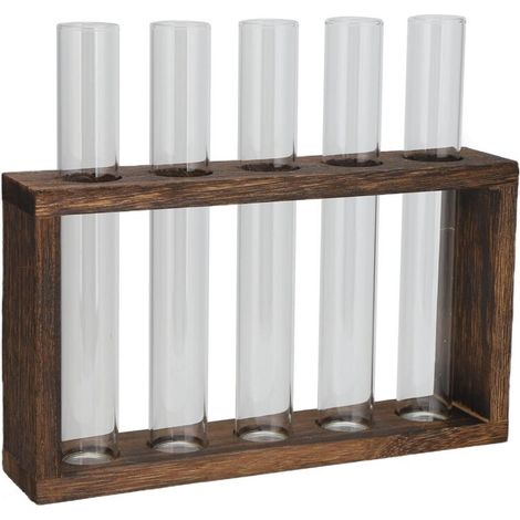 Vase en Tube de verre de table, cadre en bois de pin à haute teneur en Borosilicate, plante rétro pour plantes hydroponiques, décoration de la maison, 5 bouteilles-Crezuo