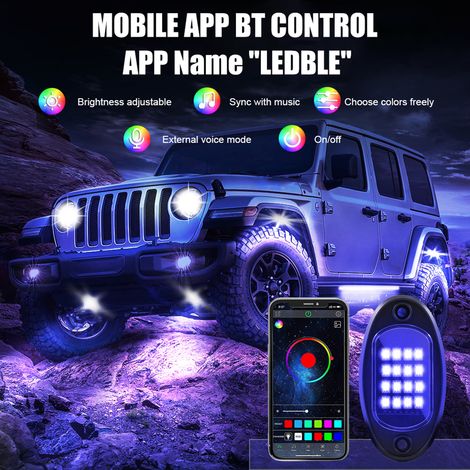 Lumières rocheuses LED multicolores étanches, 8 pièces, avec application BT, contrôleur à 24 touches, fonction musicale pour SUV ATV UTV (1/5)