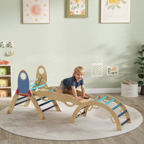 8 en 1 Triangle d'escalade Montessori en bois thème de fusées avec arc et rampe pour enfants de 18 à 48 mois bleu (1/5)