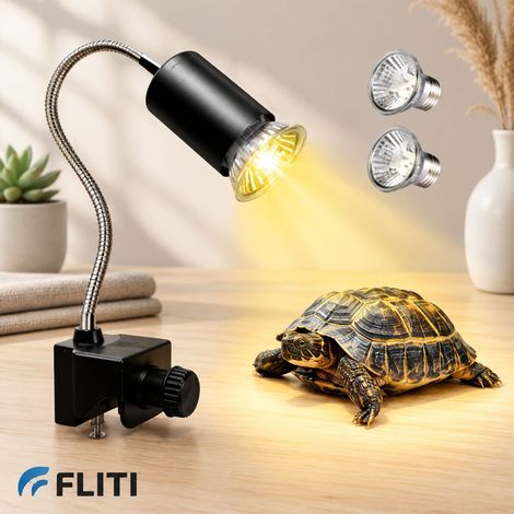 Reptile Heat Lamp, UVA UVB Light for Aquarium Turtle Tank, with 2 50w Basking Bulb and 360° Swivel Clamp Stand for Tortoise, Snake, Frog, Lizard, Chameleon. Halogen, Yellow Light (1/5)