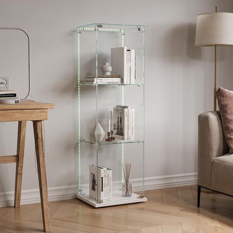 Standvitrine mit LED-Beleuchtung, 3 Etagen, 1 Tür und Schloss, Weiß (1/5)