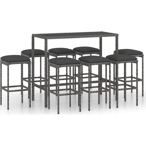 Set da Bar da Giardino 9 pz  Salotto da Giardino con Cuscini in Polyrattan Grigio (1/5)