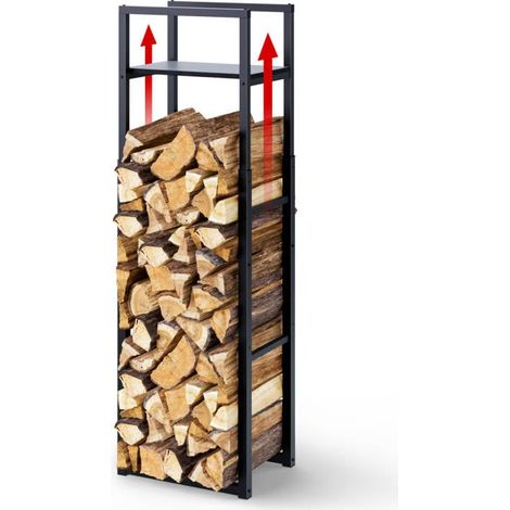 Range Bûches Vertical en Métal Réglable sur 3 Niveaux avec Étagère Intégrée Porte-Bûches pour Cheminée Intérieur Extérieur 45 x 32 x 170cm Noir (1/5)