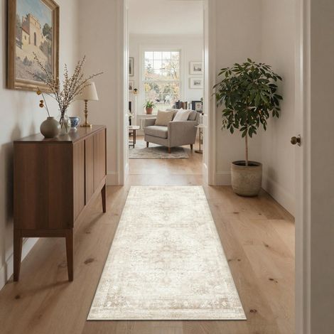 Tapis Salon Vintage Entree 80x150cm Lavable en Machine AntidéRapant Poil Ras, pour Chambre Salle a Manger Descente de Lit Bureau, Cuisine, Beige et Ivoire (1/5)