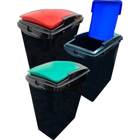 Set of 4 40L Base Recycling Waste Utility Interlocking Bins With Colour Coded Lids (Green, Red, Yellow & Blue Lids)