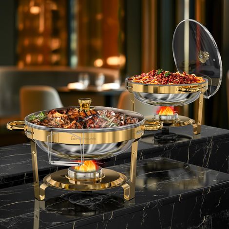 2pcs 5QT Gold Chafing Dishes for Buffet, 4,7L Stainless Steel Round Chafers and Buffet Warmers Sets with Glass Lid & Lid Holder, for Catering Events, Parties