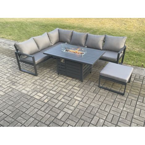 Fimous Aluminium Outdoor Garden Furniture Corner Sofa Gas Fire Pit Dining Table Sets Gas Heater Burner with Big Footstool Dark Grey 7 Seater (1/5)