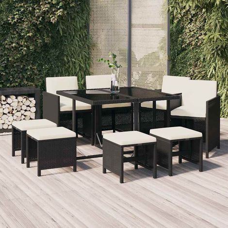 Ensemble à manger de jardin coussins 9 pcs-Salon de jardin Résine tressée Noir 947184 (1/5)